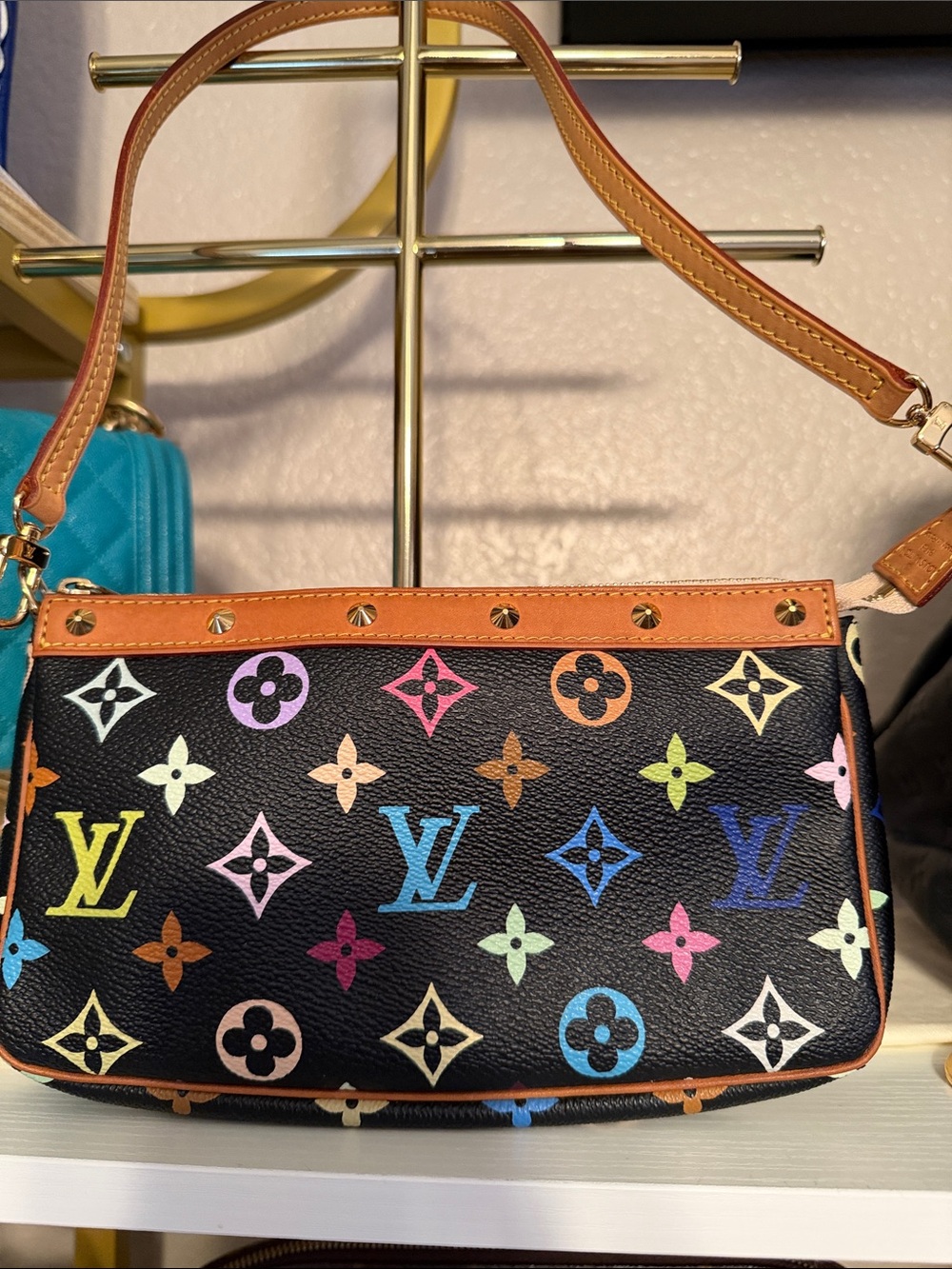 Louis Vuitton Black Multicolor Monogram Mini Pochette with Tan Trim